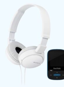 white headphones with small black hand-held music device to play calming music