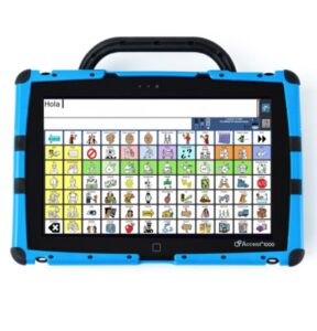 maletín azul y negro con asa y dispositivo de CAA con pequeños iconos con software LAMP