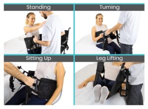 ایک شخص کے پیچھے کھڑی سیاہ سلنگ کی 4 تصاویر اور ایک اسسٹنٹ کو پکڑنے والا ہینڈل اس شخص کو مختلف پوزیشنوں پر منتقل کرنے میں مدد کرتا ہے۔