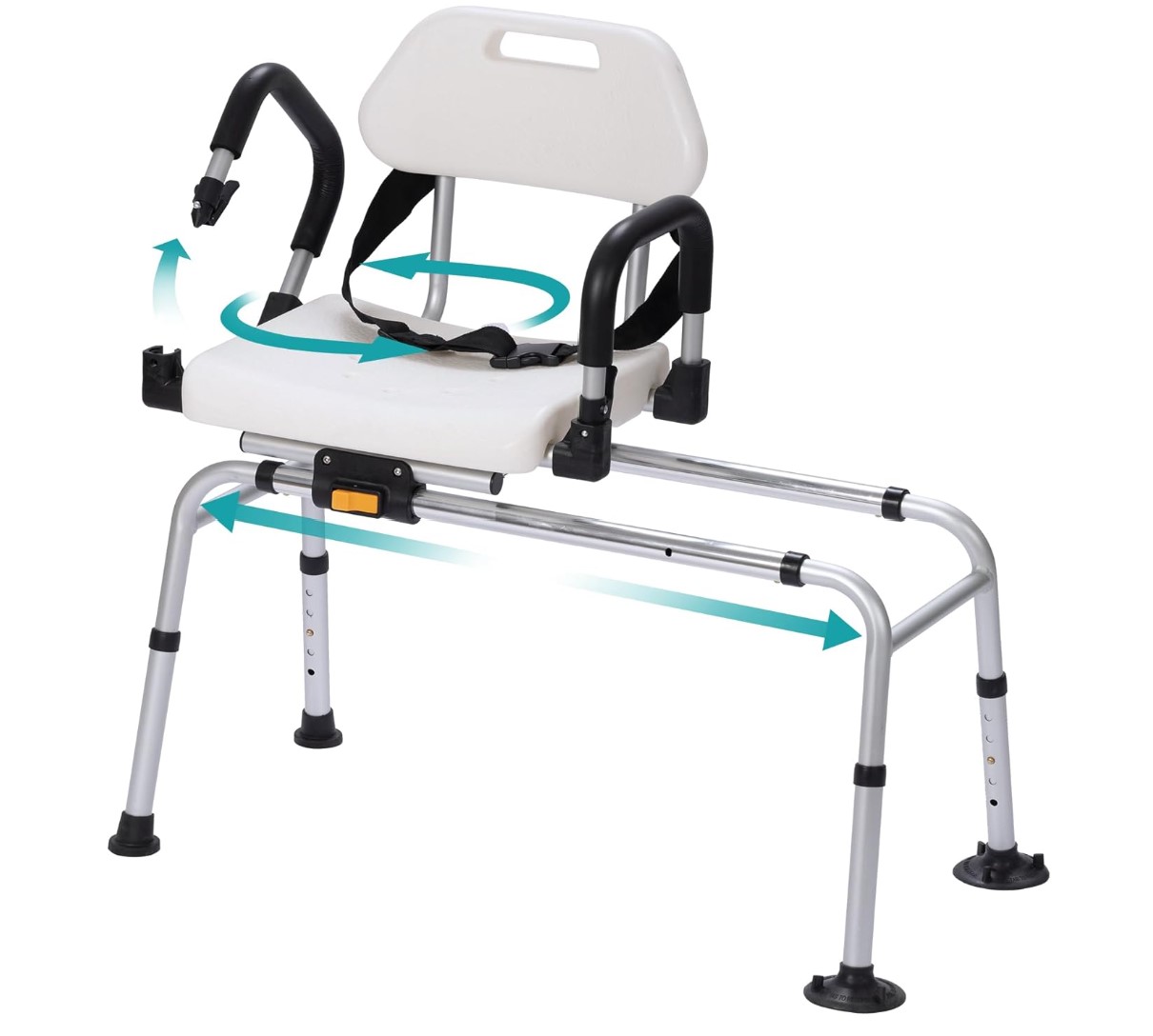 white plastic chair with swing back arm rests that swivels and slides on a set of elongated metal legs with 2 rubber caps and 2 suction cups on the bottom