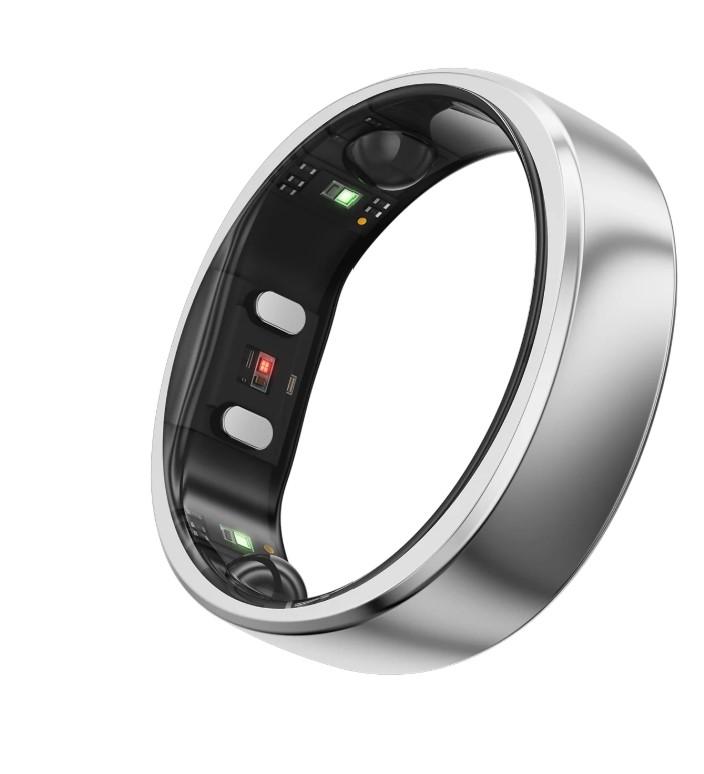 Silver ring with black inside and green, silver and red dots