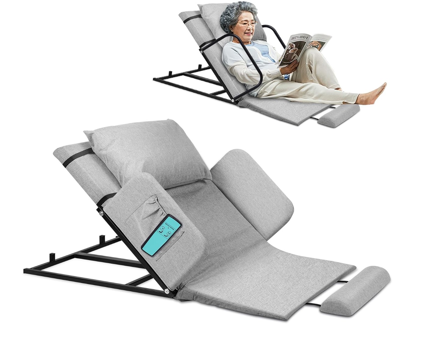 Woman sitting on a gray mat with pillow and side laterals. Black frame of lifting backrest is visible below the device and the mat is angled to approximately 45 degrees.