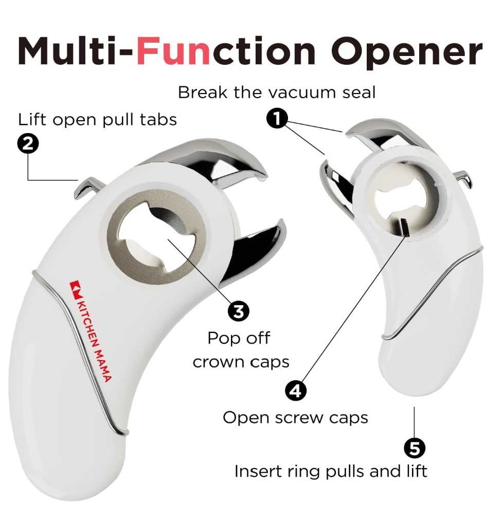 White, hand held plastic tool with metal pieces to open various containers