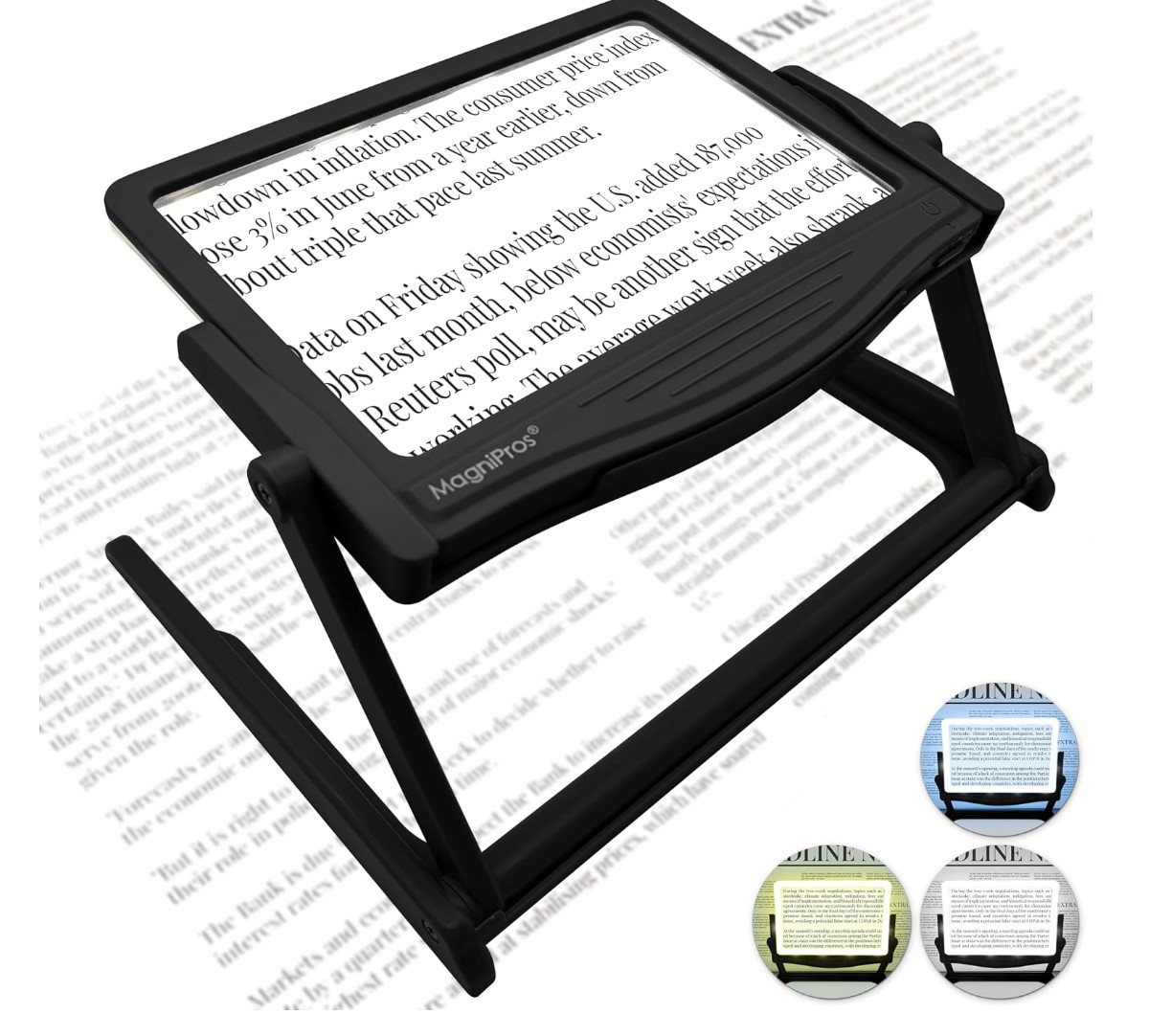 Black, rectangular magnifier on adjustable folding rack, over writing that is enlarged