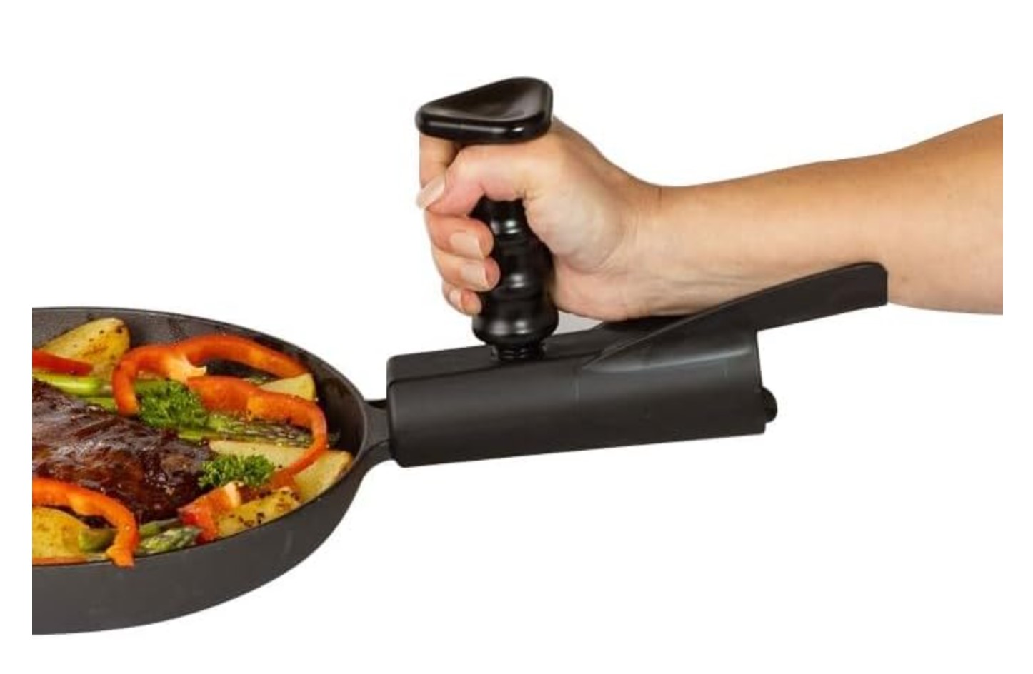 Black plastic sleeve with a handle and forearm rest, with skillet handle inserted into sleeve and secured to aid lifting