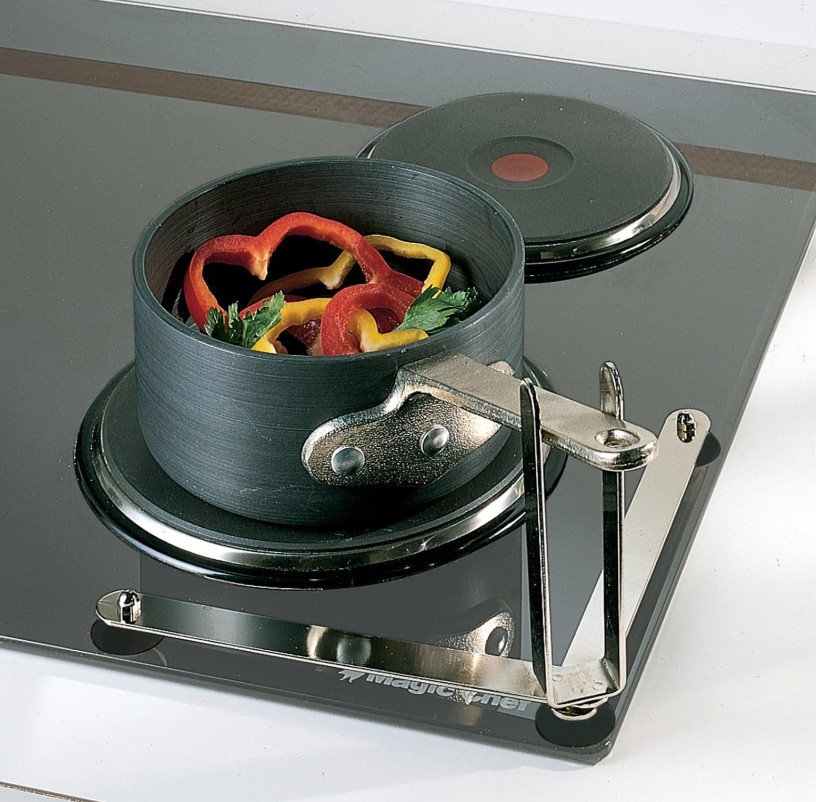 Metal device with 2 "legs" opened to a 90 degree angle, with suction cup "feet" and 2 metal pieces rising vertically. A pot hande is between the 2 metal pieces to hold the pot from moving off of a burner