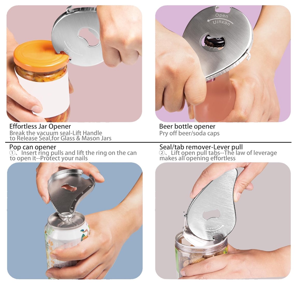 Stainless steal, crescent shaped tool held and insterted over a jar, bottle, and can to open or break a seal