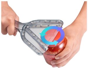 Person holding a clear plastic device that is slid over jar lid. Visual image showing to turn counterclockwise.