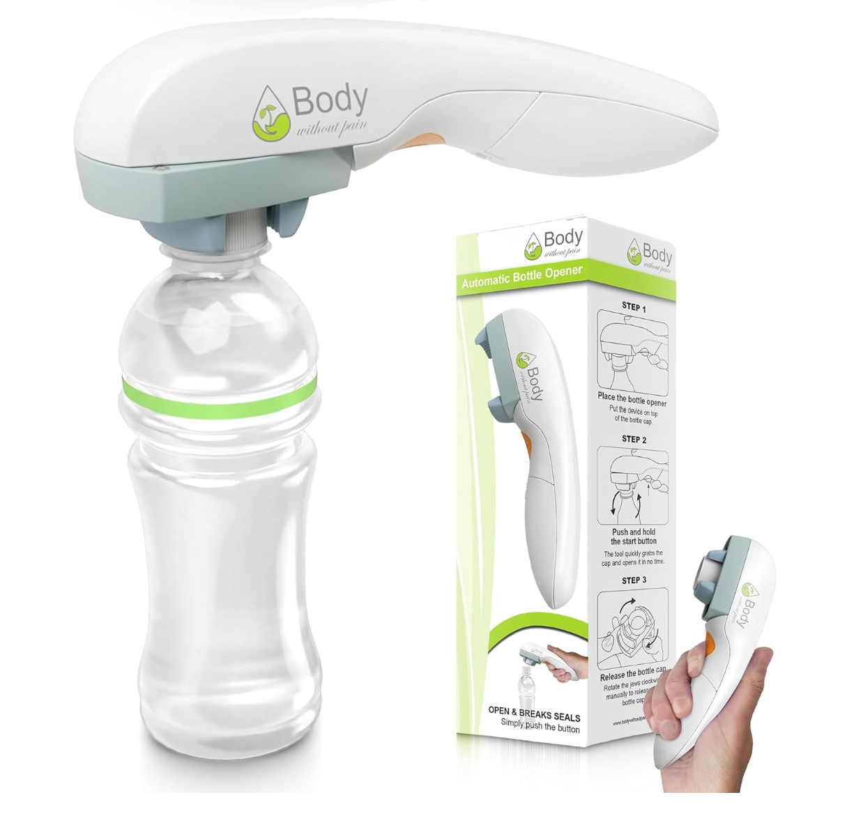 white and gray device on top of a bottle of water, box with the device on it is next to the bottle, and a hand holding the opener is shown next to the bottle