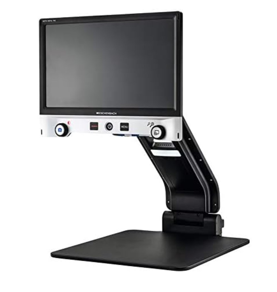 Black monitor with dials below, sitting on an adjustable stand with black base to lay documents