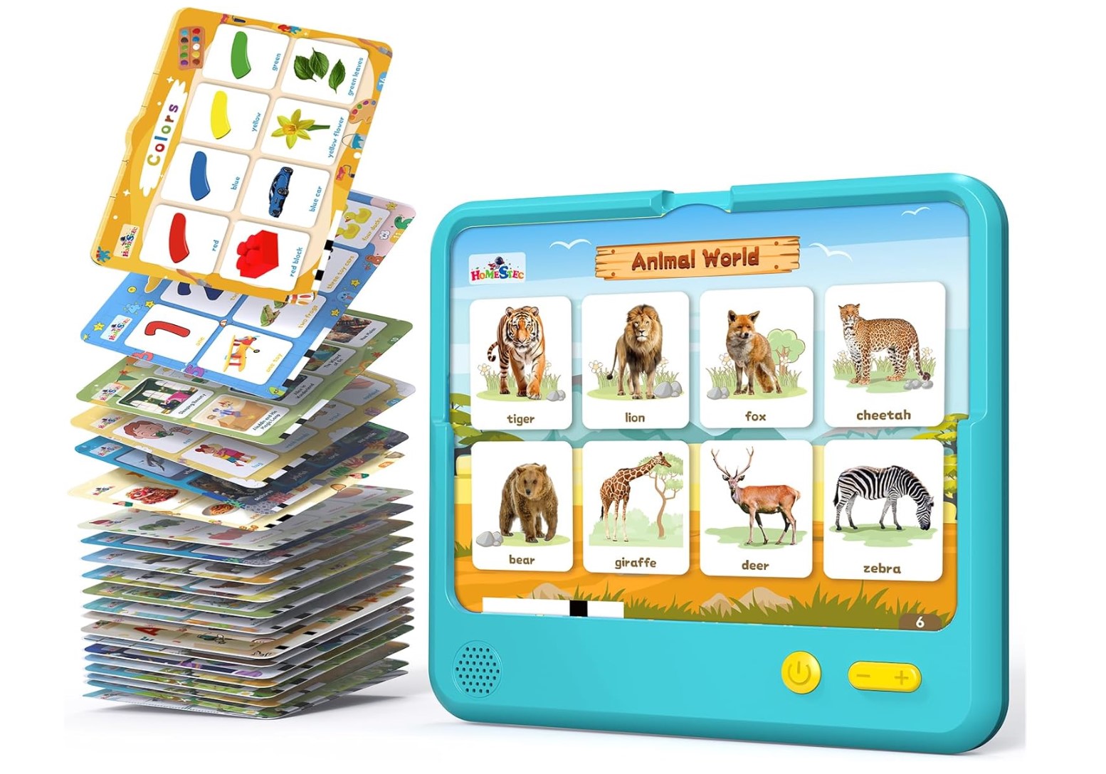 teal color plastic device with x.4 grid of pictures. Two yellow buttons for power and volume control at the bottom. Stack of interchangable picture cards to be placed on the device, is shown to the left of the device.