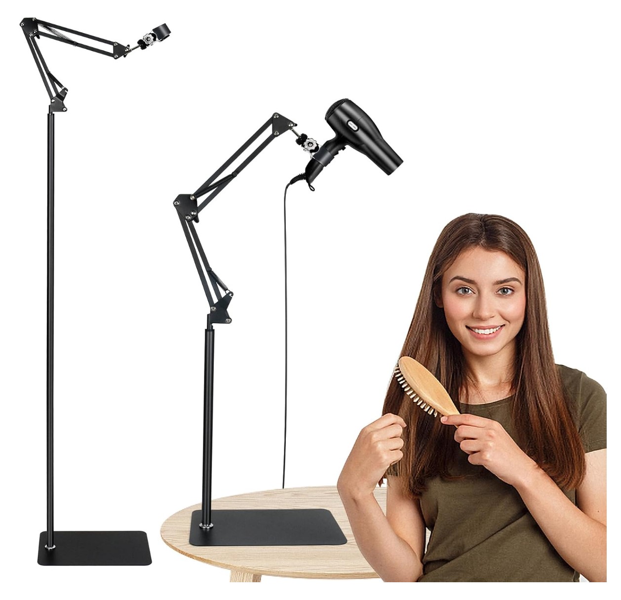 Black stand with adjustable top portion, holding hair dryer with person sitting to the left of the dryer while brushing hair