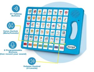 جهاز بلاستيكي أزرق اللون مزود بشبكة من الصور والكلمات مقاس 8x6. مزود بمقبض حمل على الجانب الأيمن ومكبر صوت في الأعلى.
