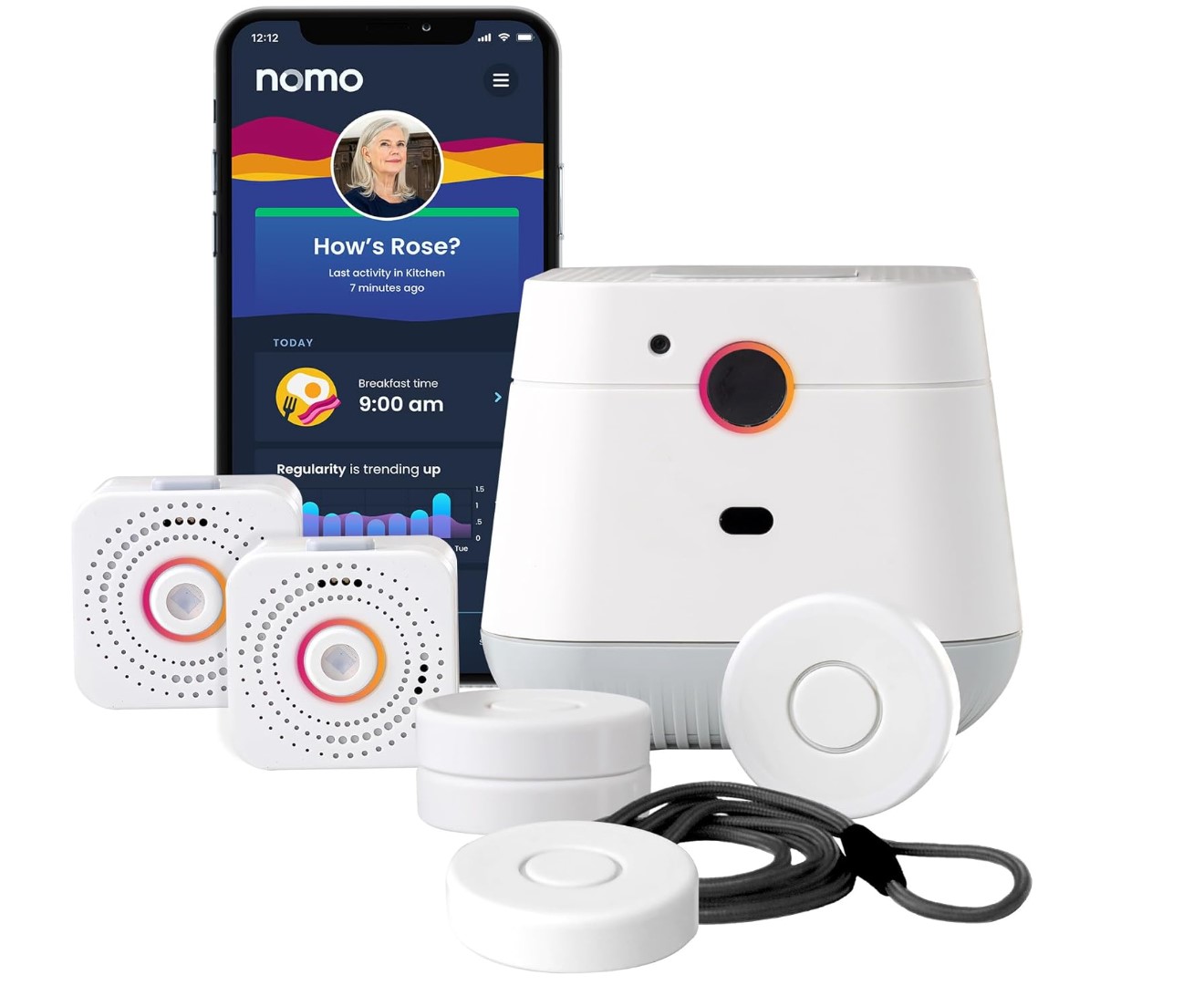 Smart phone with NOMO app open, hub, motion sensors and pendant sensors shown
