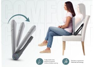 Respaldo con pieza angular ajustable detrás. El dispositivo se muestra detrás de una mujer sentada en una silla y en diferentes posiciones simulando el balanceo.