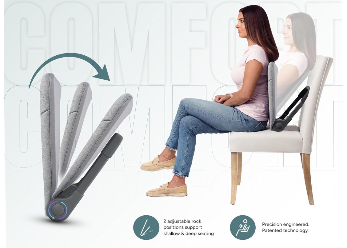 Seat back with adjustable angled piece behind. Device is shown behind a woman sitting on a chair and in different positions simulating rocking