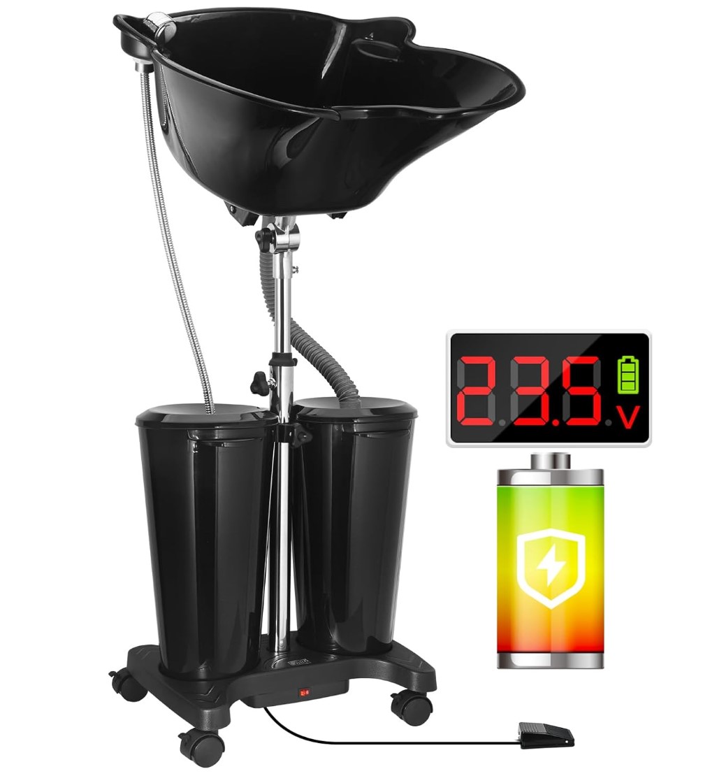 Hair washing station with black sink bowl with 2 plastic basins below, on a rolling cart. Hose for water dispensing and foot pedal for activating pump are visible