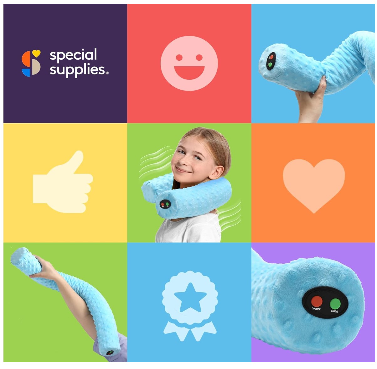 large square filled with 9 smaller, colorful squares. Purple square says Special Supp;lies, red squar hadd a smiling face, blue square shows sensory massager bwisted, yellow square shows a thumbs up, green square shows child with sensory massager around their neck, orange square shows a heart, green square shows sensory massager around a person's arm, blue shquare shows a ribbon icon, light purple square shows on/off buttons for the sensory massager