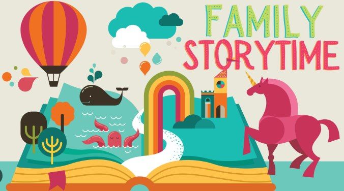 Family story time with cartoon characters