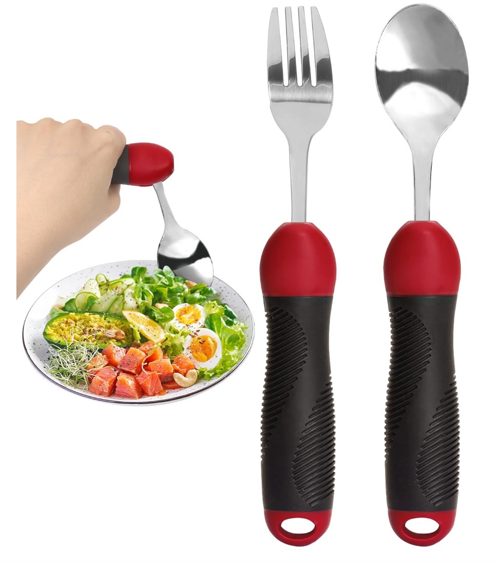 To the right are a fork and spoon with large red and black grip handles. To the left is the spoon, shown with angle adjustment and someone holding it while spooping food.