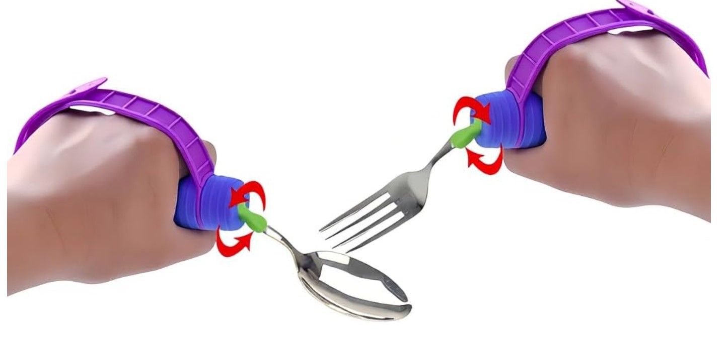 Two hands, left hand holding a spoon with blue handle and purple stabilizing strap around the hand. Right hand is holding a fork with blue handle and purple stabilizing strap. Both utensils have red arrows showing movement options to angle the utensils, where they insert into the handles.