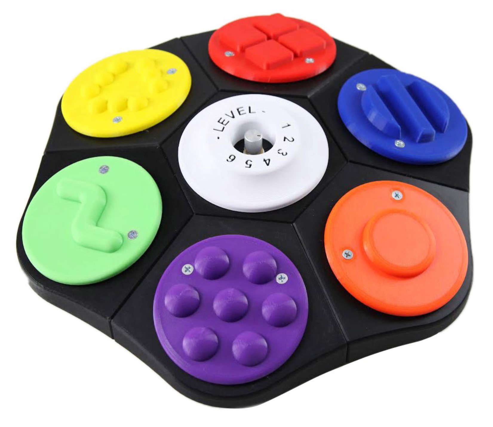 blacck hexagon base with circles buttons that are yellow with small bumps, red with squares, blue with 3 raised lines, orange with a raised circle, purple with large dots, and green with a curved shape. A white control dial with "levels" and numbers 1 through 5 is in the center.