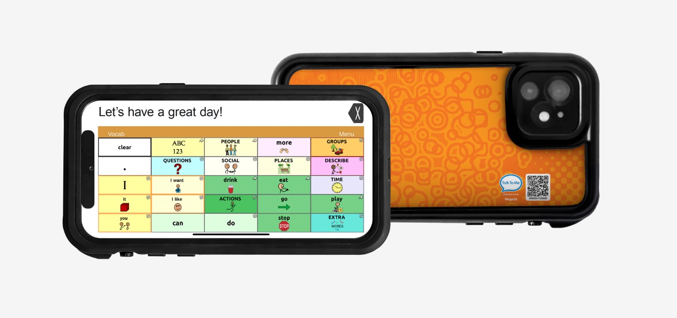 Cell phone sized device positioned horizontally with rows of pictures and words used that can be selected to communicate. Behind the device is another device that has the back facing forward and is shown in ornage with cameras.
