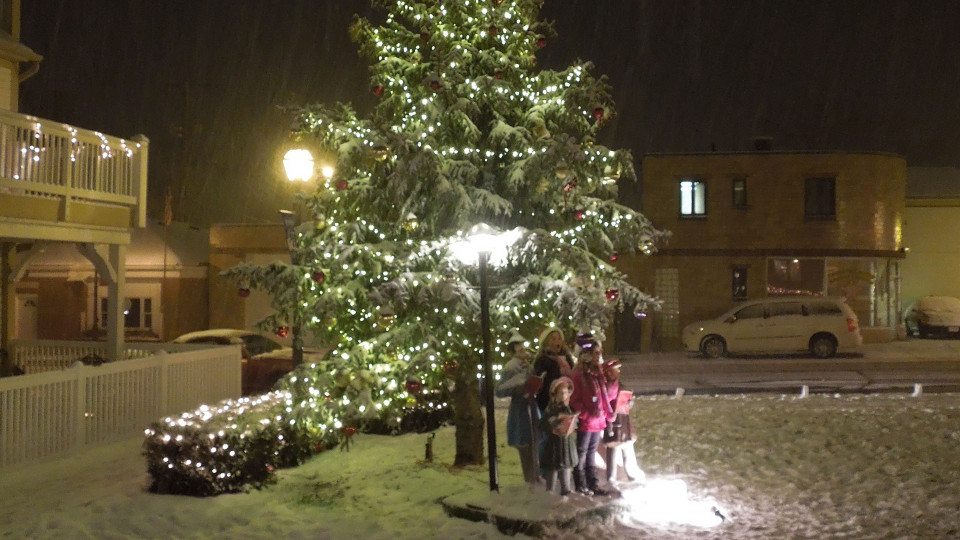 carolers stand in front of a tree with snow