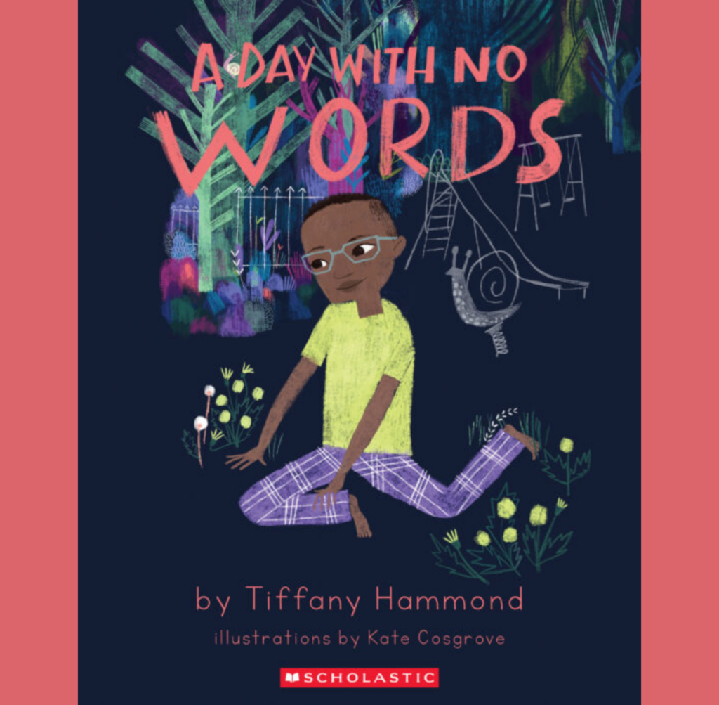 A day with no words book cover with a boy sitting in the garden.