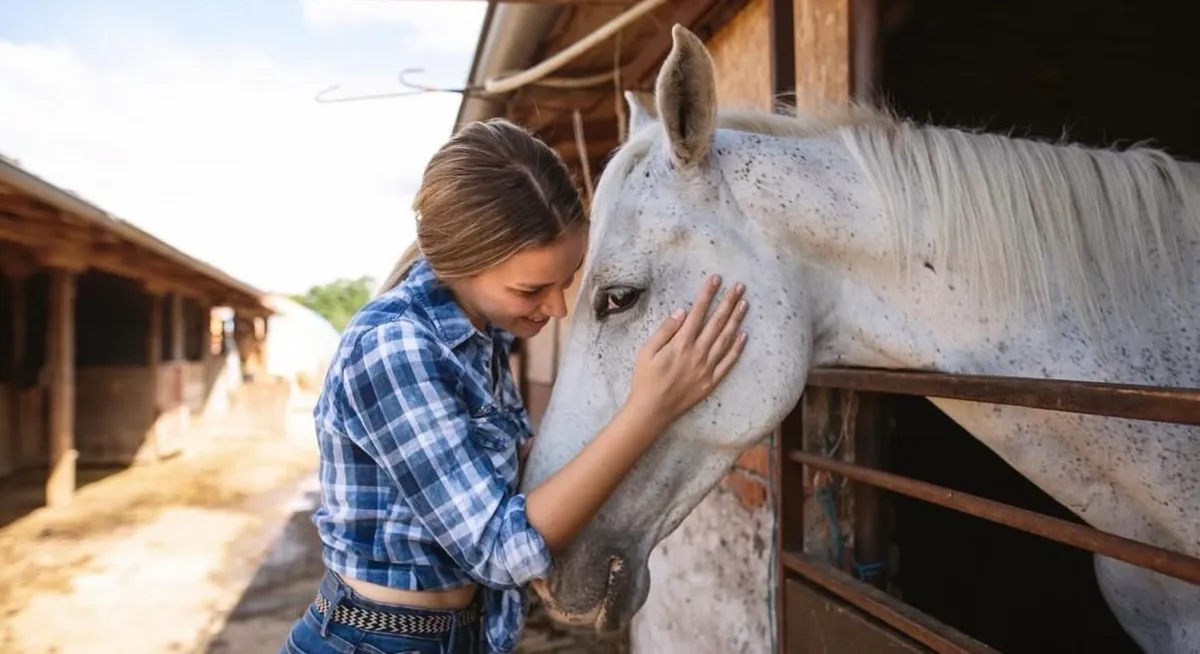 Girl petting horse