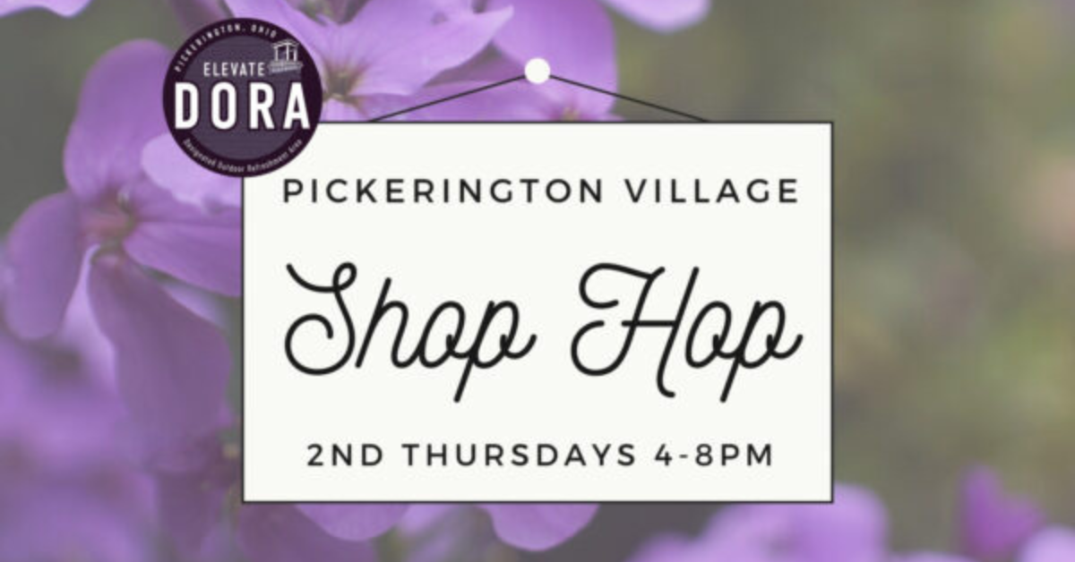 Photo of purple flowers with the words Pickerington Village Shop Hop on it.