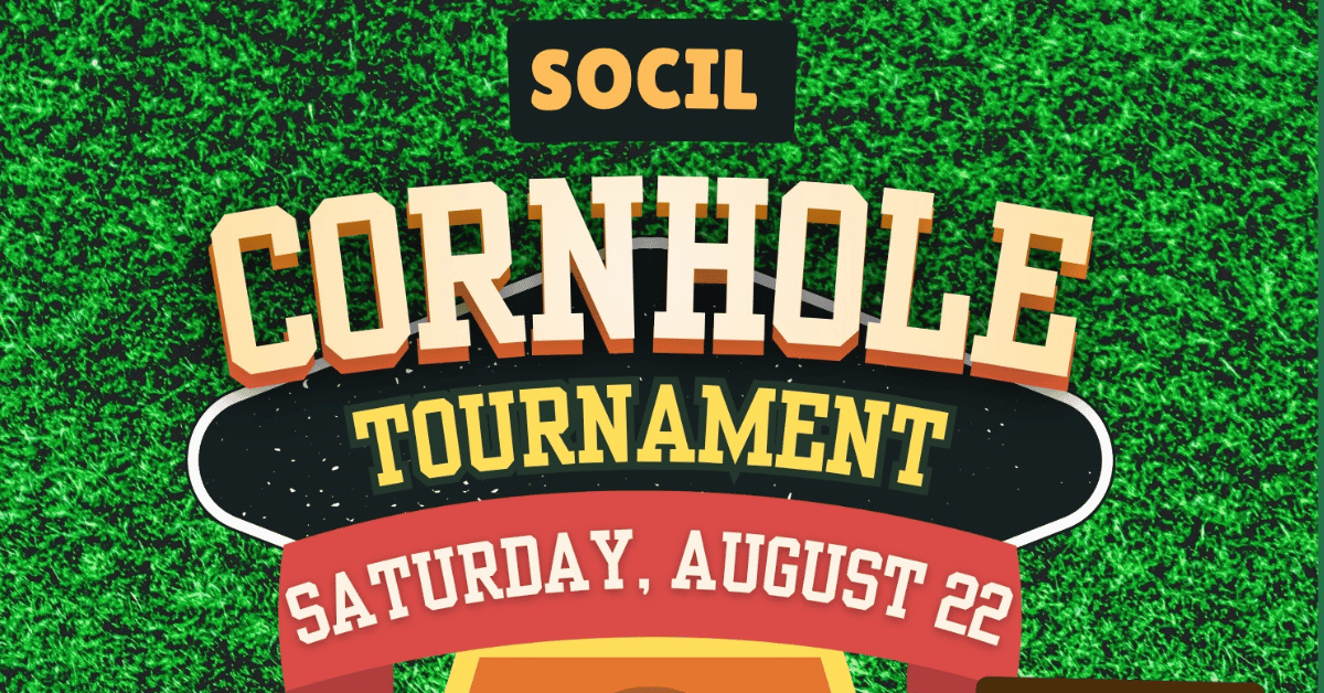 Un gráfico del torneo de cornhole de la SOCIL en el que figura la fecha: 22 de agosto. Toda la información sobre el evento se encuentra en el artículo.