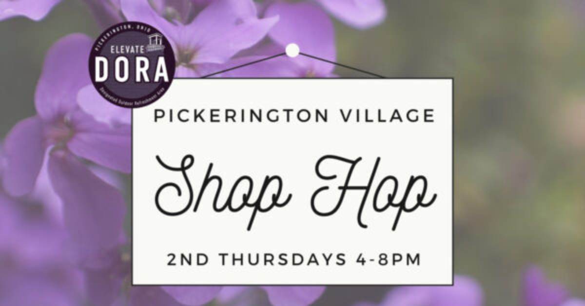 صورة تحتوي على زهور في الخلفية ونص مكتوب عليه: «Pickerington Shop Hop»