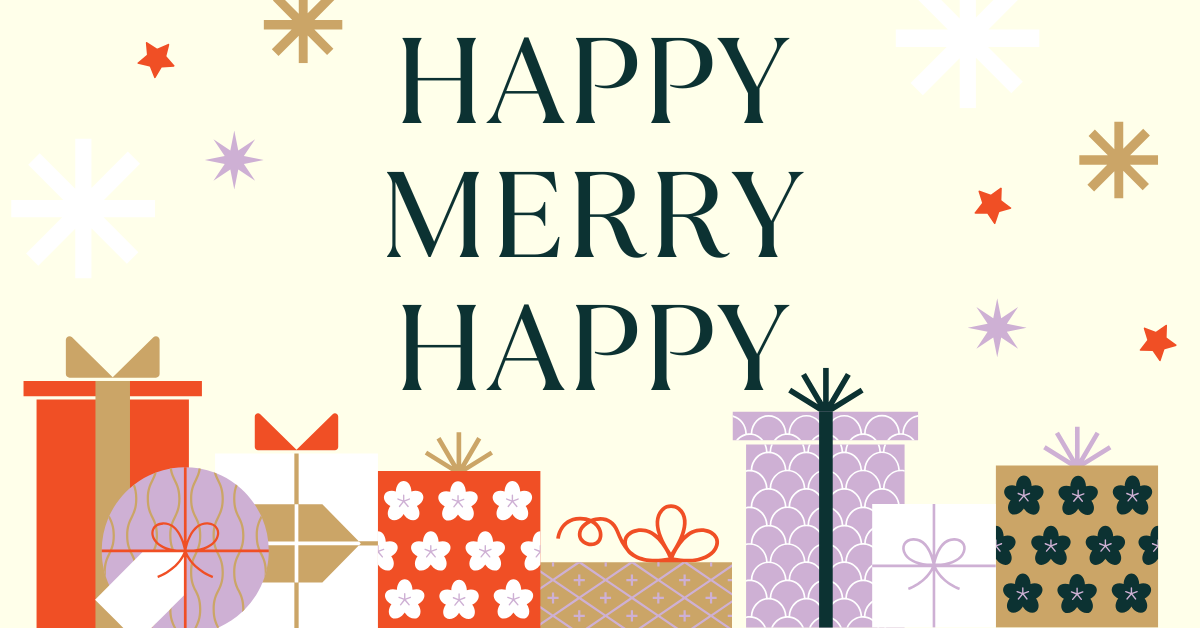 صورة تحتوي على هدايا الأعياد والعبارة: «Happy Merry Happy».