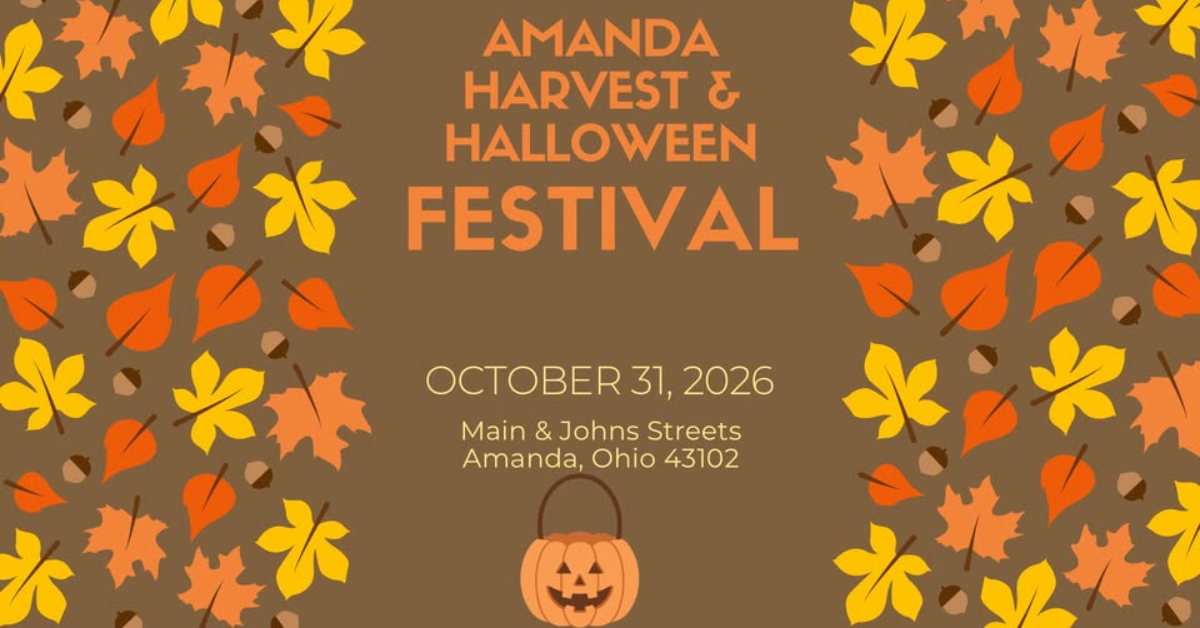 Graphic with fall leaves and pumpkins that reads, "Amanda Harvest and Halloween Festival."